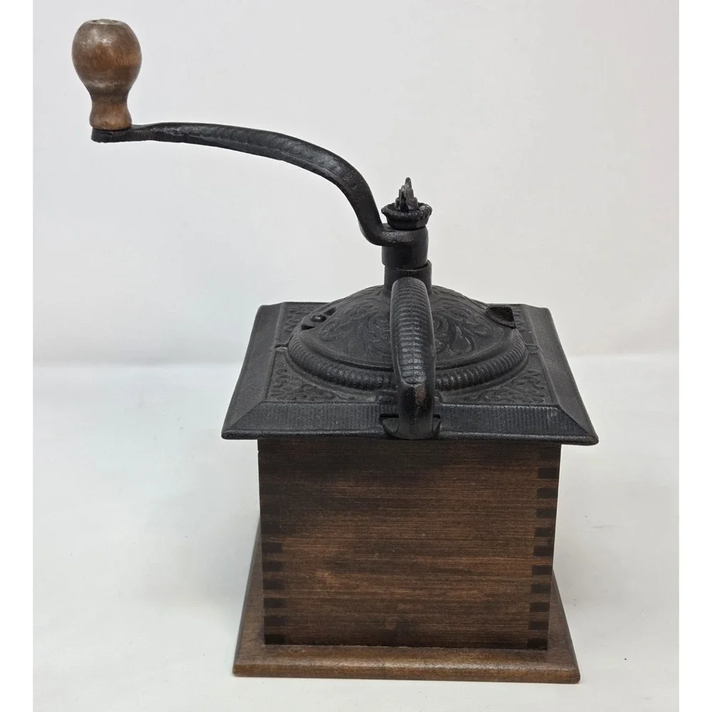 VINTAGE COFFEE GRINDER DOVETAIL WOOD WITH DRAWER & ORNATE CAST IRON TOP